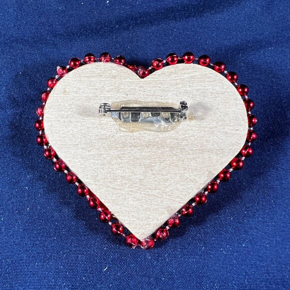 Handcrafted Black & Red Beaded Heart Brooch Pin With Floral & Beaded Accents - Picture 3 of 3